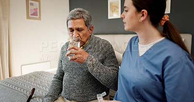 Buy stock photo Vitamins, water and nurse with senior man in home for pills, supplements or medication for wellness. Health, helping and caregiver with elderly patient for tablets with treatment in nursing facility.