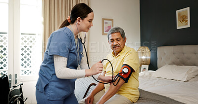 Buy stock photo Senior man, nurse and check blood pressure in home, bedroom and happy with kindness for medical test. Elderly person, caregiver and smile for results, support and healthcare services in retirement