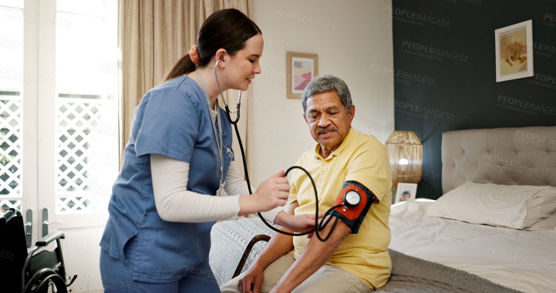 Buy stock photo Senior man, nurse and check blood pressure in home, bedroom and happy with kindness for medical test. Elderly person, caregiver and smile for results, support and healthcare services in retirement
