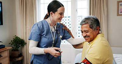 Buy stock photo Woman, nurse and mature man for blood pressure, pulse check and heart rate in nursing home. Caregiver, stethoscope and senior patient for hypertension, respiration test and medical results at house