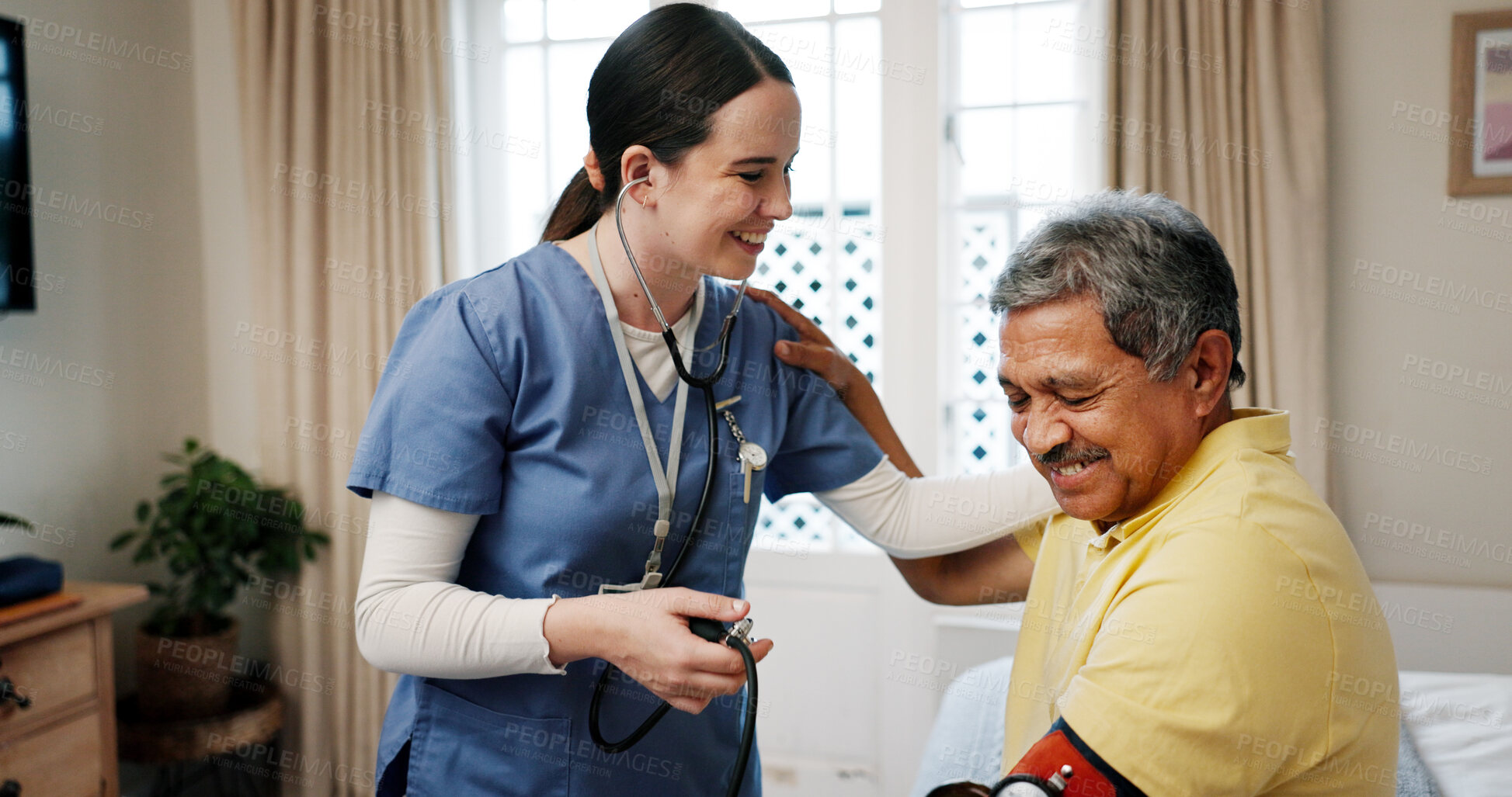 Buy stock photo Woman, nurse and mature man for blood pressure, pulse check and heart rate in nursing home. Caregiver, stethoscope and senior patient for hypertension, respiration test and medical results at house