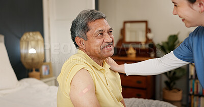 Buy stock photo Nurse, senior man and injection with bandage, discussion and healthcare for retirement. Patient, caregiver and immunization with nursing home, good news and bed for medical vaccination and service