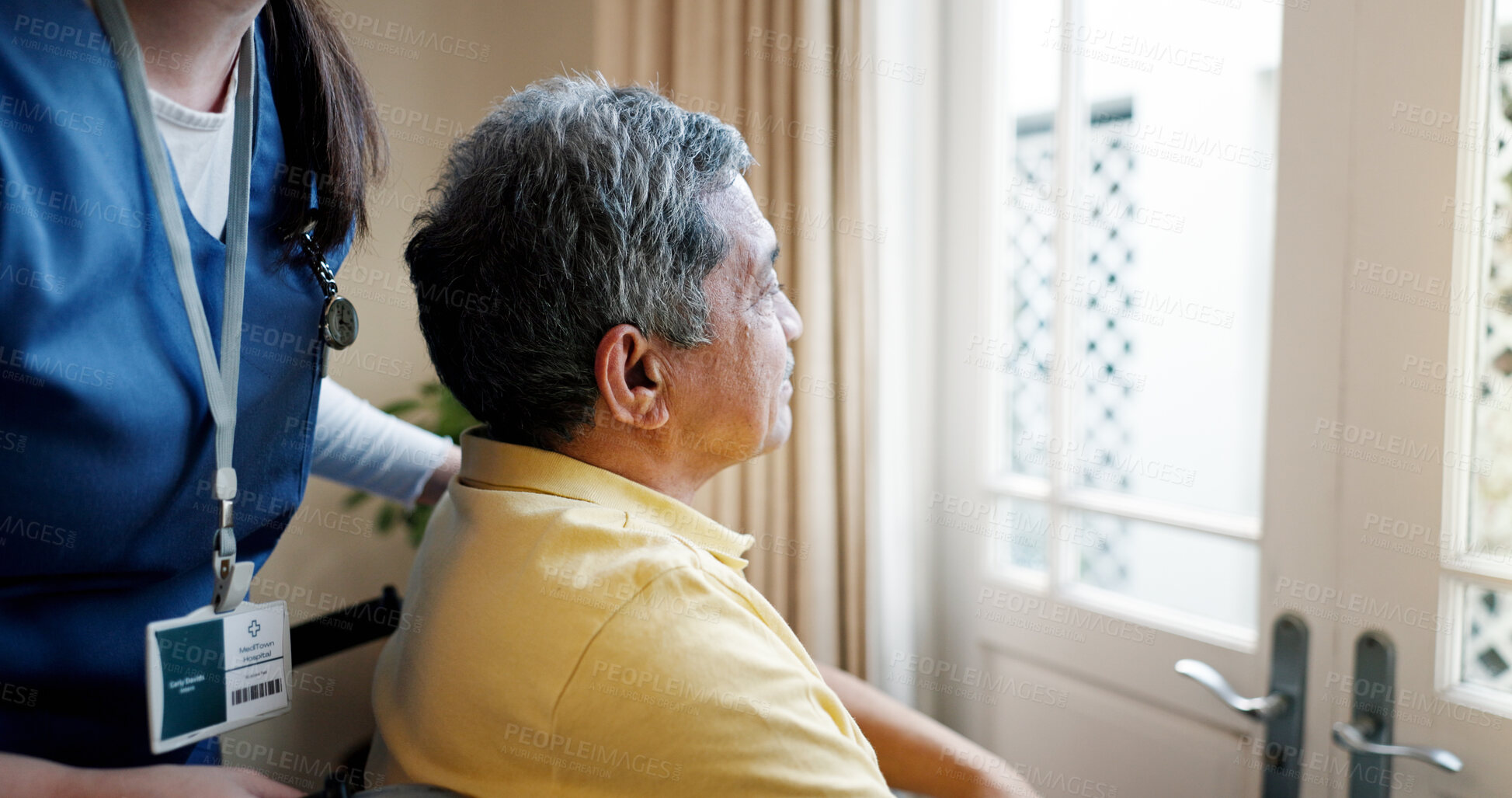 Buy stock photo Memory, nurse and senior man by window for thinking, reflection or remember for dementia. Planning, ideas and elderly male patient in wheelchair with caregiver by glass door in assisted living.