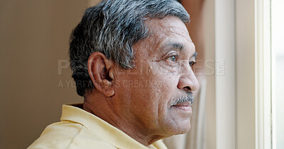 Buy stock photo Thinking, window and vision with old man in house for retirement, nostalgia and memory. Reflection, perspective and mindfulness with senior person at nursing home for peace, decision and hope