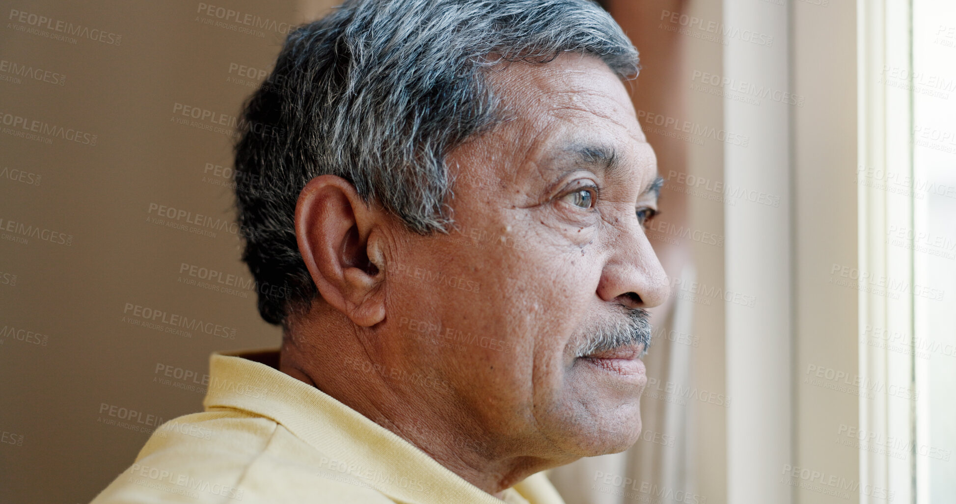 Buy stock photo Thinking, window and vision with old man in house for retirement, nostalgia and memory. Reflection, perspective and mindfulness with senior person at nursing home for peace, decision and hope
