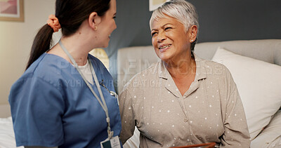 Buy stock photo Healthcare, senior woman and caregiver in nursing home, talking and care for elderly patient with Alzheimer. Happy, recovery and old person in bedroom for rehabilitation, smile and bonding with nurse