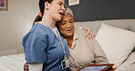 Tablet, hug and nurse with senior woman in bedroom for medical checkup with good news. Happy, bonding and healthcare worker embracing elderly patient on bed with technology for treatment plan success