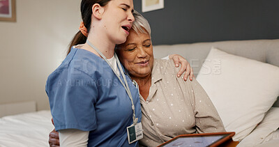 Buy stock photo Tablet, hug and nurse with senior woman in bedroom for medical checkup with good news. Happy, bonding and healthcare worker embracing elderly patient on bed with technology for treatment plan success