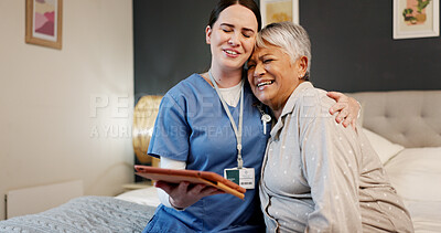 Buy stock photo Senior care, hug and caregiver with smile, nursing home and happy for diagnosis of illness and bonding. Bedroom, people and nurse with tablet for healthcare, embrace and empathy for elderly patient