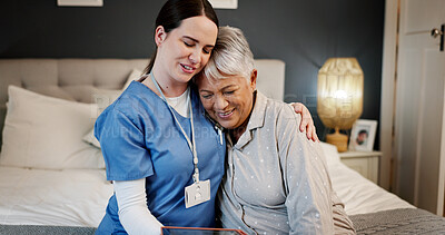 Buy stock photo Healthcare, hug and caregiver with elderly patient, bedroom and bonding in nursing home, smile and kind. Senior care, women and empathy for old person with embrace, nurse and help for rehabilitation