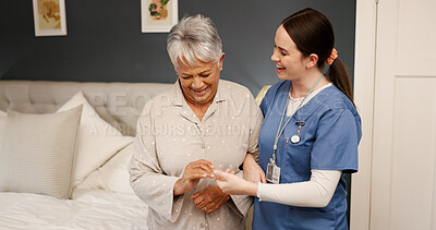 Buy stock photo Home, senior woman and caregiver with support for medical wellness, nursing or assistance for walking. Bedroom, elderly person and nurse with help for balance, mobility care or patient with arthritis