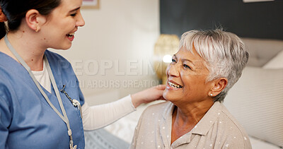 Buy stock photo Nurse, mature woman and discussion with support, empathy and healthcare for retirement. Patient, caregiver and pensioner with nursing home, rehabilitation and bed for medical consulting and service