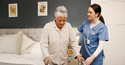 Buy stock photo Physiotherapist, women and senior care with walker, smile and rehabilitation with treatment in bedroom. Healthcare, physical therapy and patient with disability in nursing home, caregiver and talking