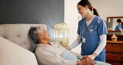 Buy stock photo Bedroom, caregiver and women in nursing home, senior care and smile for rehabilitation of elderly patient. Healthcare, recovery and nurse with kindness for service, retirement and old person on bed