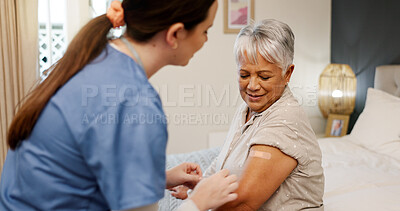 Buy stock photo Happy, nurse and senior woman with plaster, healthcare and smile for treatment in nursing home or bedroom. Rehabilitation, caregiver and elderly patient with bandage for injury, people and retirement