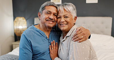 Buy stock photo Bedroom, senior couple and portrait with hug for support, bonding together and commitment in marriage. Old people, man and woman with smile for anniversary, connection and love in retirement at home