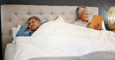 Buy stock photo Senior couple, bed and tablet in home for communication, scroll or reading news. Retirement, man and woman with technology in bedroom for internet addiction, puzzle game and partner sleeping at night