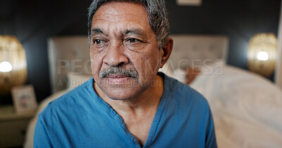 Buy stock photo Sad, elderly man and thinking on bed with insomnia, mental health and regret decision. Bedroom, senior person and unhappy in home with remember, thoughtful and disappointed for mistake in retirement