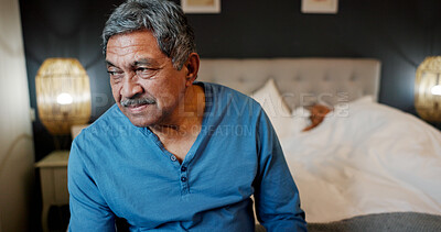 Buy stock photo Sad, senior man and thinking on bed with insomnia, mental health and guilt for decision. Bedroom, elderly person and regret in home with remember, thoughtful and unhappy for mistake in retirement