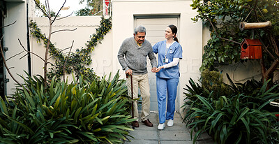 Buy stock photo Retirement home, caregiver and senior man with cane outdoor for walking support, mobility and medical service. Healthcare, nurse and elderly person with disability for recovery and rehabilitation