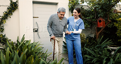 Buy stock photo Retirement home, nurse and helping senior man with cane outdoor for mobility support, rehabilitation and wellness. Healthcare, caregiver and elderly person with disability for recovery and healing
