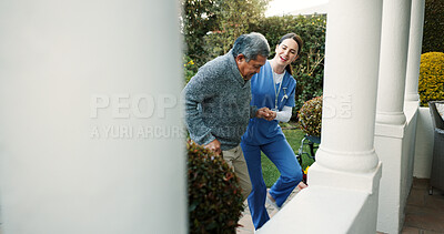 Buy stock photo Retirement home, caregiver and helping senior man with walking outdoor for healthcare support, fresh air or healing. Assisted living, space and elderly person with guidance for mobility and recovery