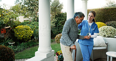 Buy stock photo Retirement home, nurse and senior man with cane outdoor for walking exercise, mobility support and medical service. Healthcare, caregiver and elderly person with disability for recovery and helping