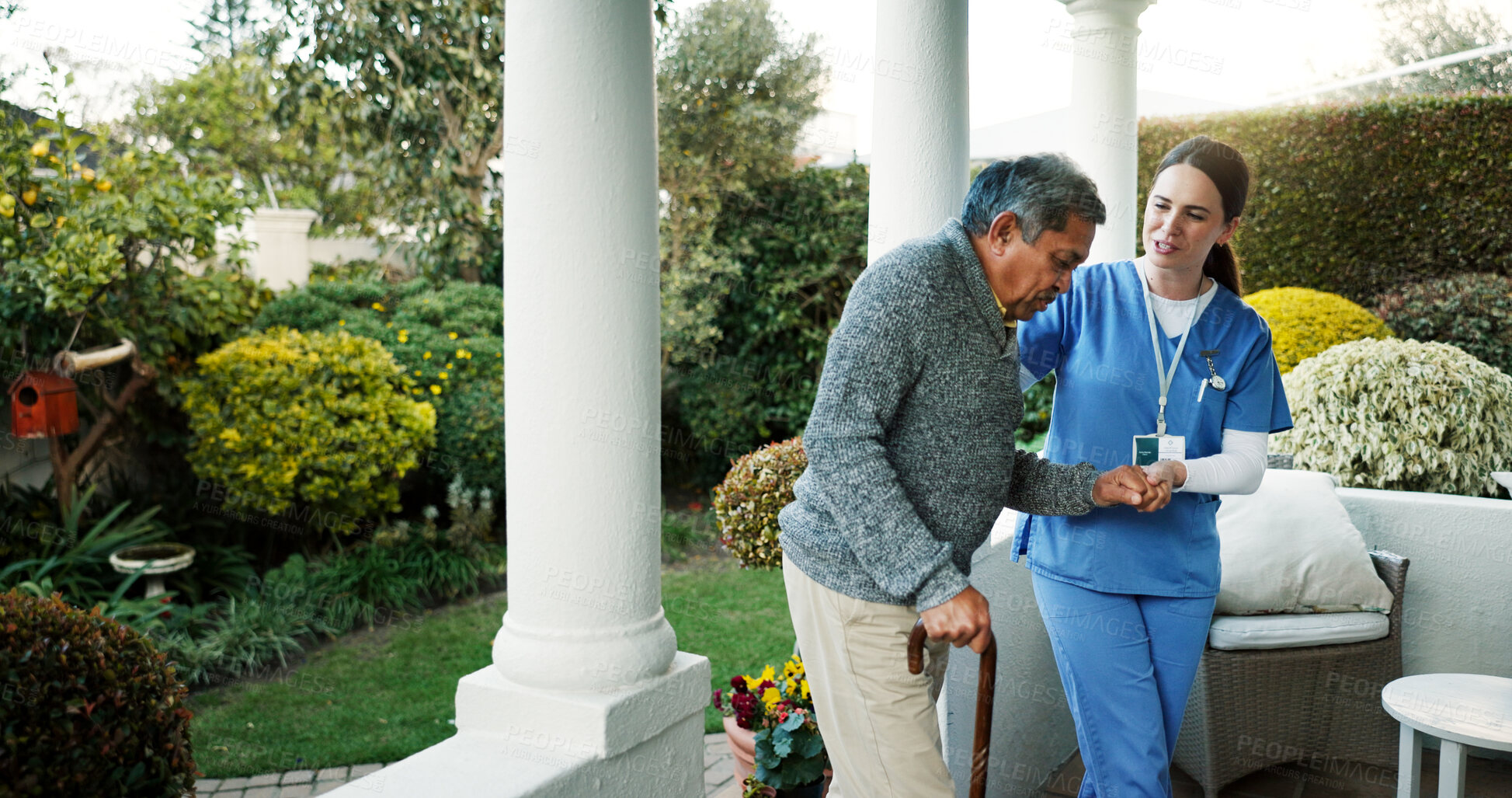 Buy stock photo Retirement home, nurse and senior man with cane outdoor for walking exercise, mobility support and medical service. Healthcare, caregiver and elderly person with disability for recovery and helping