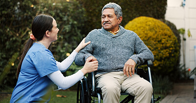 Buy stock photo Assisted living, retirement or wheelchair with caregiver and old man outdoor in garden for senior care. Conversation, health or wellness for nurse speaking to person with disability in backyard