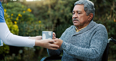 Buy stock photo Coffee, nurse and senior man in wheelchair in garden at retirement home for relaxing morning. Calm, peace and caregiver helping elderly male patient with cup of green tea for health outdoor.