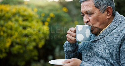 Buy stock photo Thinking, coffee and senior man in garden for morning relax, peace and calm in backyard of home. Retirement, wellness and elderly person drinking green tea in nature at nursing facility for health.