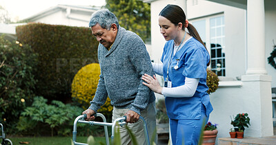 Buy stock photo Nursing home, caregiver and senior man with walker outdoor for walking support, medical service and fresh air. Retirement, nurse and elderly person with disability for recovery, mobility and healing