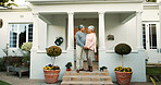 Outdoor, love and senior couple with smile, home and happy elderly people with mortgage and bonding. Holding hands, old woman and man with commitment to marriage, relationship and pride for new house