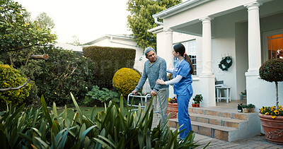 Buy stock photo Retirement home, nurse and helping senior man with walker outdoor for mobility support and medical service. Healthcare, caregiver and elderly person with disability for recovery, healing or fresh air
