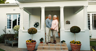 Buy stock photo Outdoor, portrait and senior couple with smile, home and happy elderly people with mortgage and bonding. Holding hands, old woman and man with pride for real estate, relationship and retirement