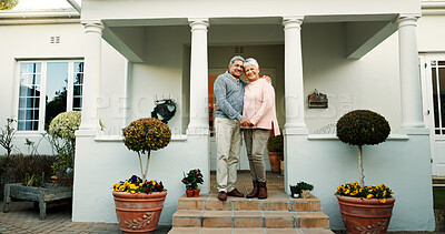 Buy stock photo Outdoor, home and senior couple with smile, bonding and happy elderly people with mortgage and portrait. Love, old woman and man with pride for new house, real estate and holding hands for retirement