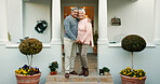 Love, bonding and senior couple with smile, home and happy elderly people with mortgage and portrait. Outdoor, old woman and man with pride for new house, relationship or holding hands for retirement