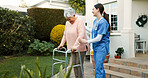 Retirement home, caregiver and senior woman with walking stick outdoor for mobility support, healthcare and fresh air. Cane, nurse and elderly person with disability for recovery and rehabilitation