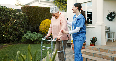 Buy stock photo Retirement home, caregiver and senior woman with walking stick outdoor for mobility support, healthcare and fresh air. Cane, nurse and elderly person with disability for recovery and rehabilitation