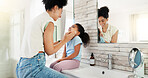 Mother, girl and help with teeth in bathroom, check and happy for cleaning, hygiene or results in morning. African people, mom and child with inspection, care or smile for oral health in family house