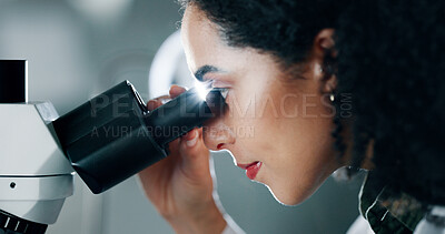 Buy stock photo Science, medical and woman in lab, microscope and healthcare with microbiology. Person, bacteria specialist or scientist with chemistry equipment, innovation or vaccine development with cure analysis