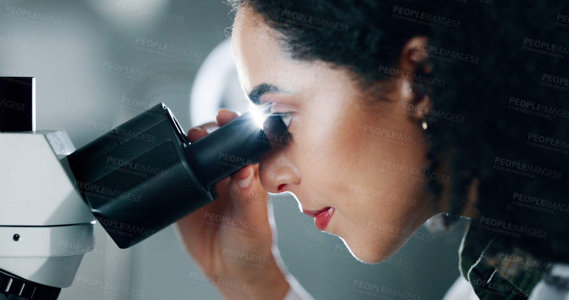 Buy stock photo Science, medical and woman in lab, microscope and healthcare with microbiology. Person, bacteria specialist or scientist with chemistry equipment, innovation or vaccine development with cure analysis
