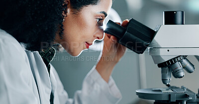 Buy stock photo Science, research and woman with microscope, chemistry equipment and healthcare with microbiology. Person, expert or scientist in lab, bacteria analysis or medical innovation with vaccine development