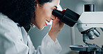 Science, research and woman with microscope, smile and healthcare with microbiology. Person, expert and scientist with cure, chemistry equipment and medical innovation with vaccine and experiment