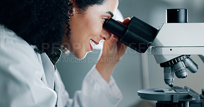 Buy stock photo Science, research or woman with microscope, smile or healthcare with microbiology. Person, expert or scientist with cure, chemistry equipment or medical innovation with vaccine analysis or experiment