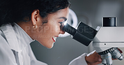 Buy stock photo Science, research and woman microscope, test results and healthcare with microbiology. Person, assessment and scientist in workplace, chemistry equipment and medical innovation with cure development