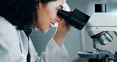 Buy stock photo Science, research and woman with microscope, experiment and check dna for evidence. Person, specialist and scientist in workplace, equipment and forensic laboratory with test for blood and results