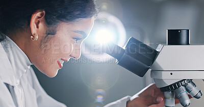 Buy stock photo Smile, research and woman in lab, microscope and healthcare with microbiology. Person, assessment and scientist with chemistry equipment, testing and medical innovation with vaccine development