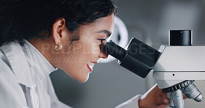 Buy stock photo Science, research and woman in lab, microscope and healthcare with microbiology. Person, sample analysis and scientist in workplace, chemistry equipment or medical innovation with vaccine development