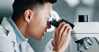 Buy stock photo Medical, microscope and science with man in laboratory for breakthrough, discovery or innovation. DNA, healthcare and research with scientist at work on clinical trial for pharmaceutical engineering